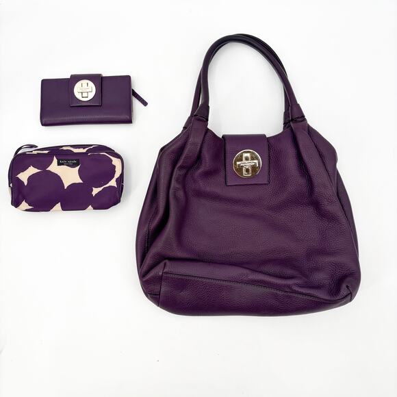 Kate Spade Purple Pebbled Leather Turn-Key Hobo Bag w/ Wallet & Travel Case Set - Picture 1 of 14
